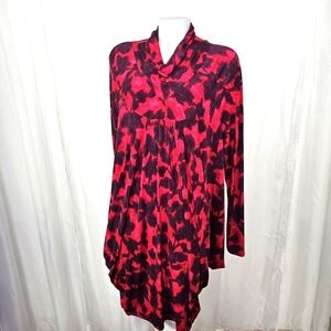 Koos Red Plum Abstract Patterned Long Sleeve Dress Unique Drape Fit Medium